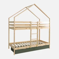 Letto a castello per bambini a forma di casa 190cm in pino naturale con cassetti