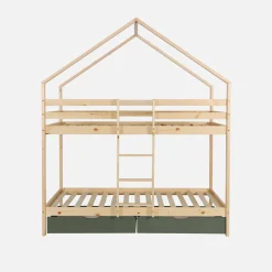 Letto a castello per bambini a forma di casa 190cm in pino naturale con cassetti