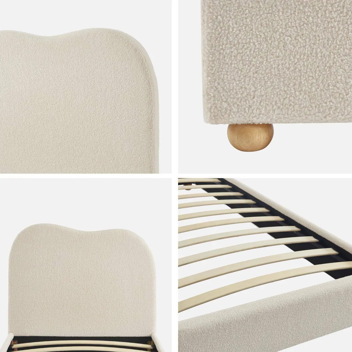 Letto con rete a doghe e testiera, bianco con finitura bouclé