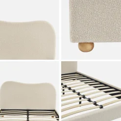 Letto con rete a doghe e testiera, bianco con finitura bouclé