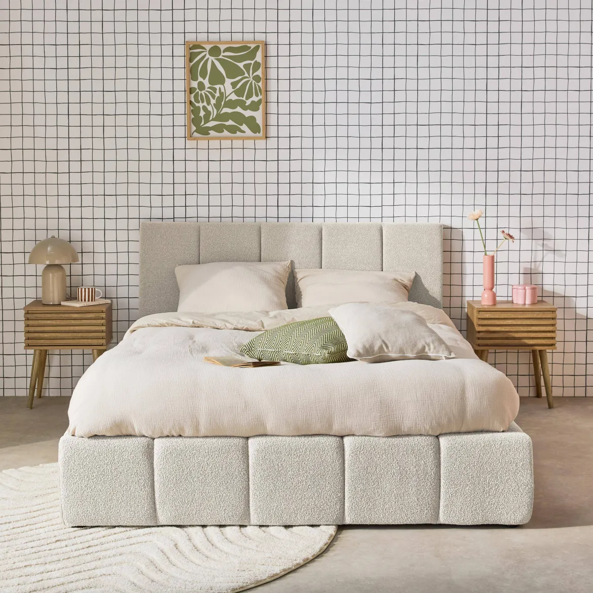 Letto contenitore con rete a doghe e testiera 160x200cm, bouclé