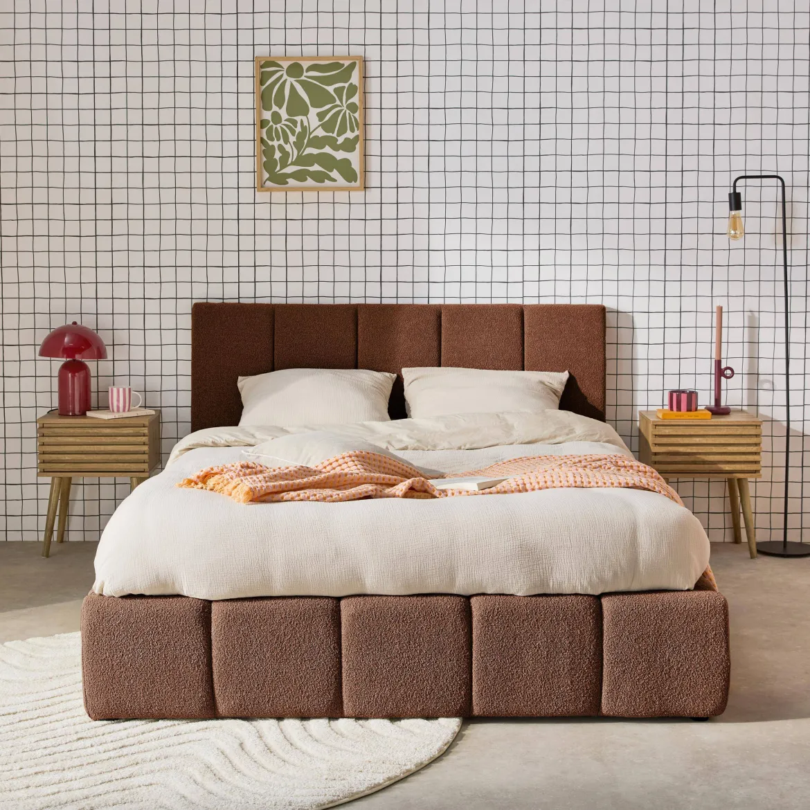 Letto contenitore con rete a doghe e testiera 160x200cm, bouclé