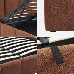 Letto contenitore con rete a doghe e testiera 160x200cm, bouclé