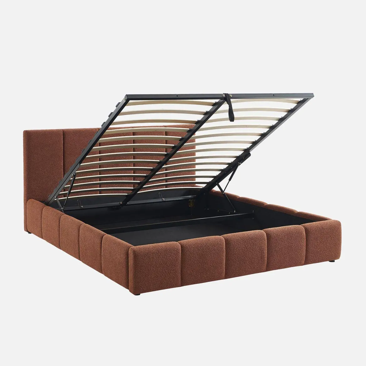 Letto contenitore con rete a doghe e testiera 160x200cm, bouclé
