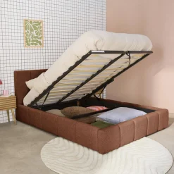 Letto contenitore con rete a doghe e testiera 160x200cm, bouclé