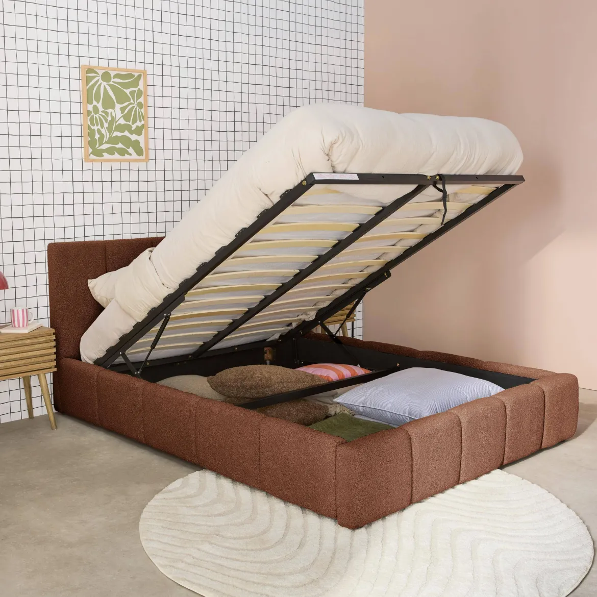 Letto contenitore con rete a doghe e testiera 160x200cm, bouclé