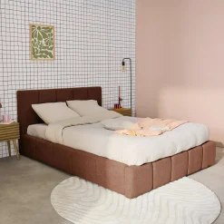 Letto contenitore con rete a doghe e testiera 160x200cm, bouclé