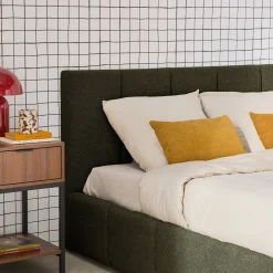 Letto contenitore con rete a doghe e testiera 160x200cm, bouclé