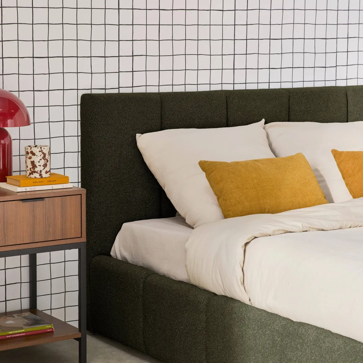 Letto contenitore con rete a doghe e testiera 160x200cm, bouclé