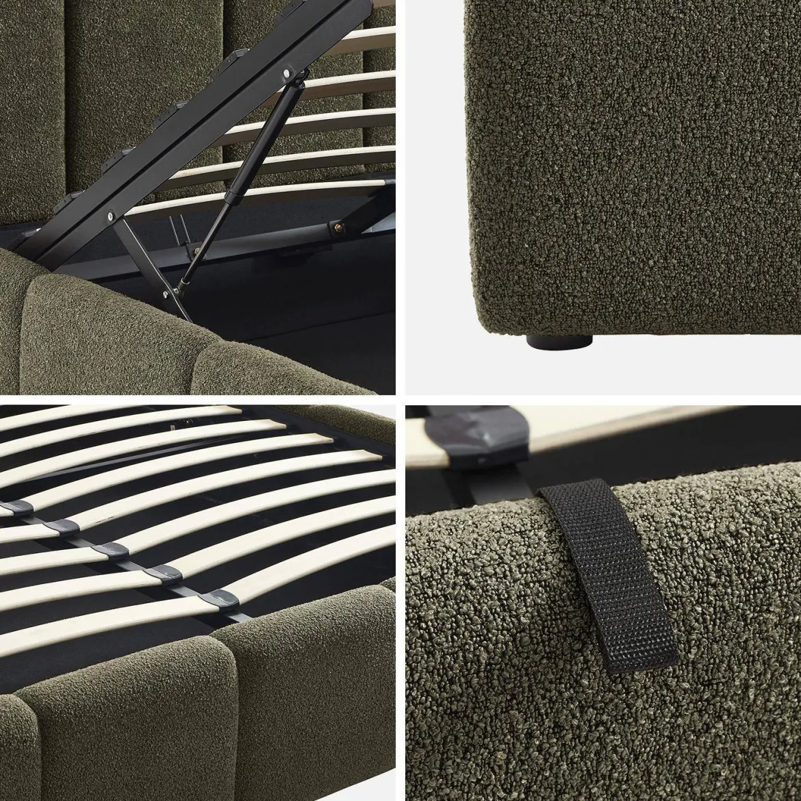 Letto contenitore con rete a doghe e testiera 160x200cm, bouclé