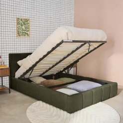 Letto contenitore con rete a doghe e testiera 160x200cm, bouclé