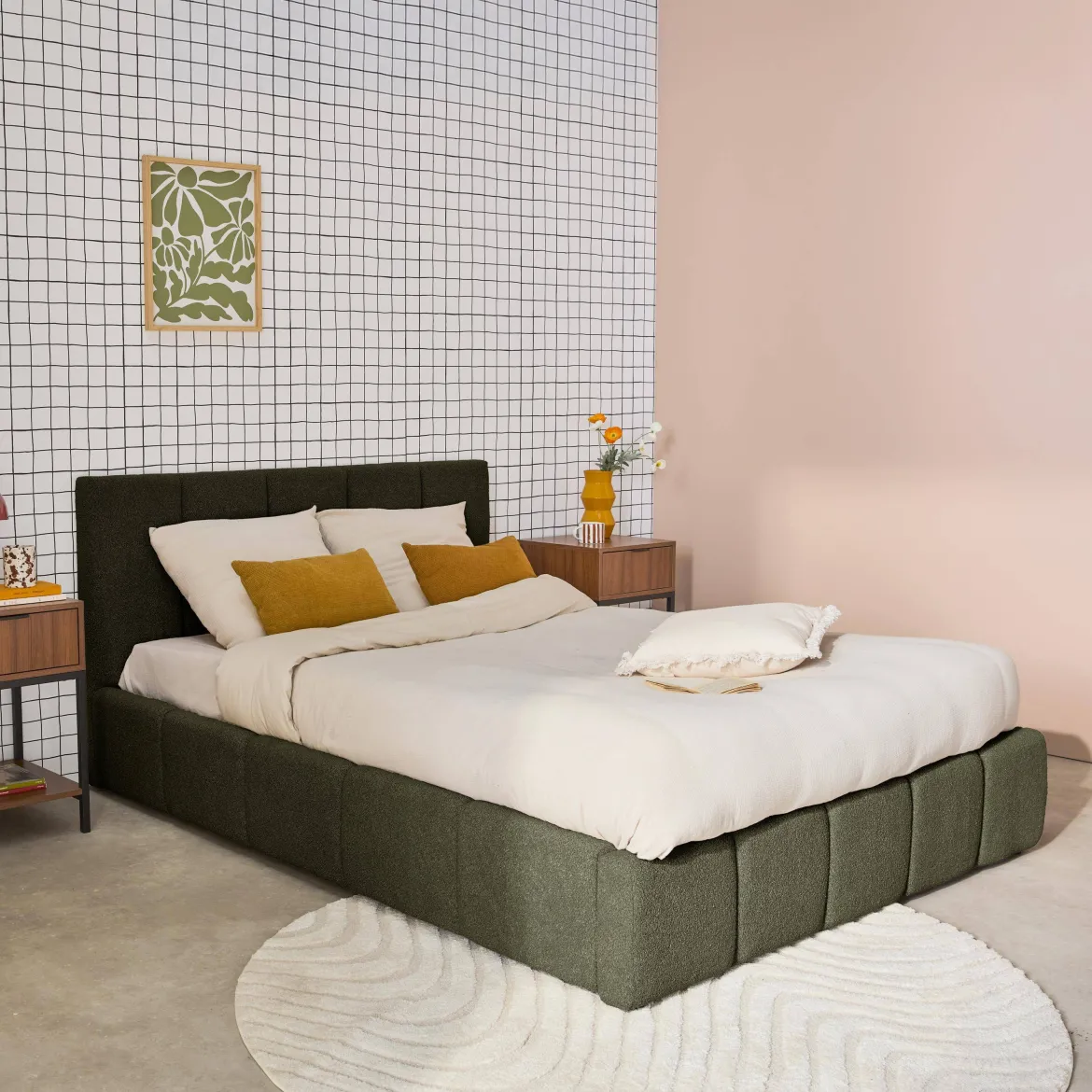 Letto contenitore con rete a doghe e testiera 160x200cm, bouclé