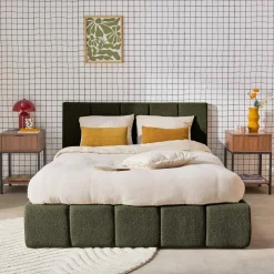 Letto contenitore con rete a doghe e testiera 160x200cm, bouclé