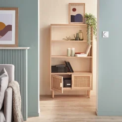 Libreria con canna ed effetto legno, 3 livelli, 2 ante