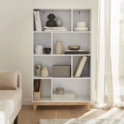 Libreria effetto legno con gambe in legno e 4 ripiani