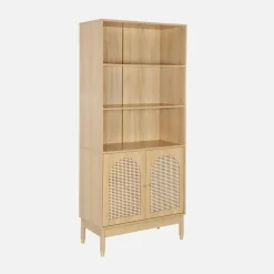 Libreria in legno e cannucciato con 2 ante a 4 livelli