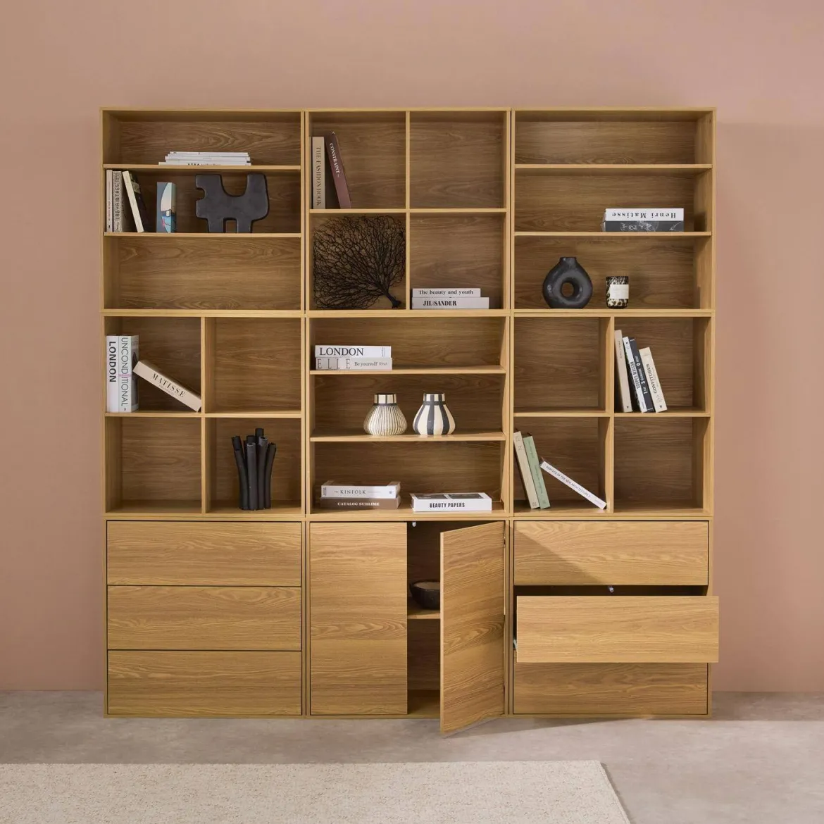 Libreria modulare decorativa in legno con 9 elementi