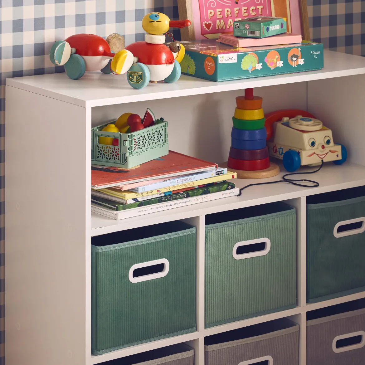 Libreria per bambini con 6 cestini in velluto