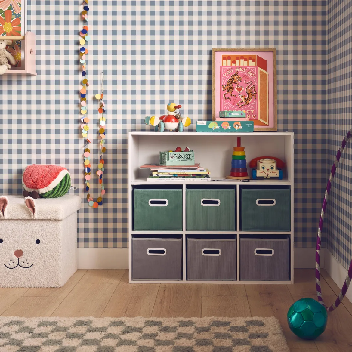 Libreria per bambini con 6 cestini in velluto