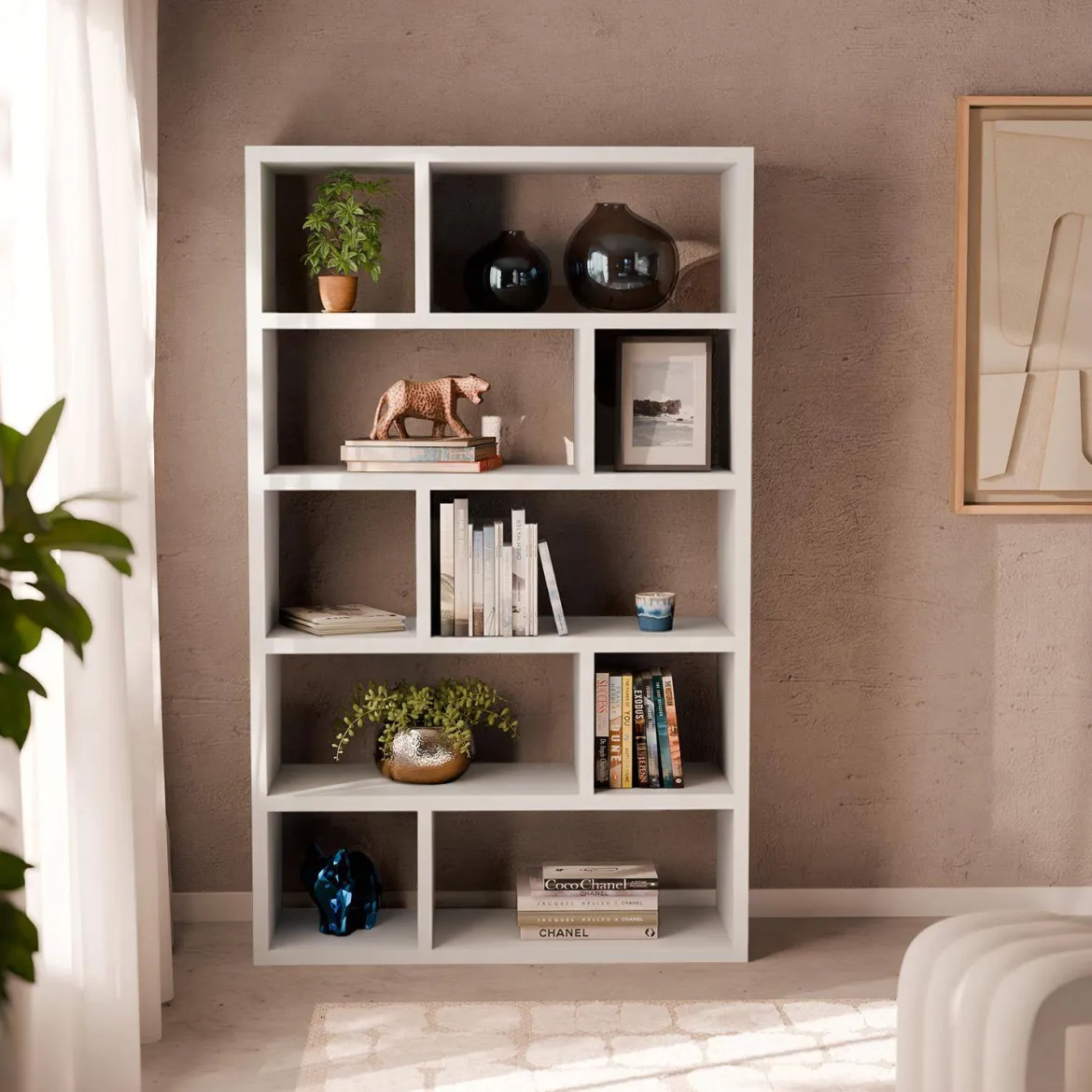Libreria asimmetrica a 5 livelli con 10 scomparti