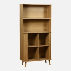 Libreria in legno scanalato con 2 ante scorrevoli a 4 livelli