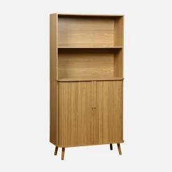 Libreria in legno scanalato con 2 ante scorrevoli a 4 livelli