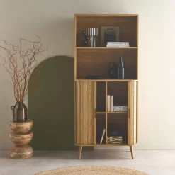 Libreria in legno scanalato con 2 ante scorrevoli a 4 livelli