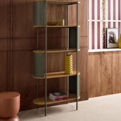 Libreria in metallo curvato e legno a 5 livelli