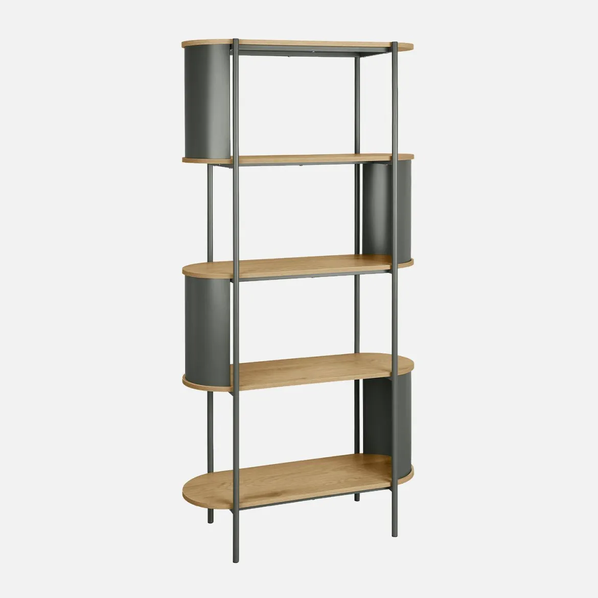 Libreria in metallo curvato e legno a 5 livelli
