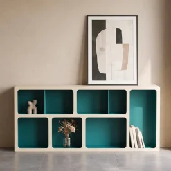 Libreria organica in legno bicolore con 8 scomparti
