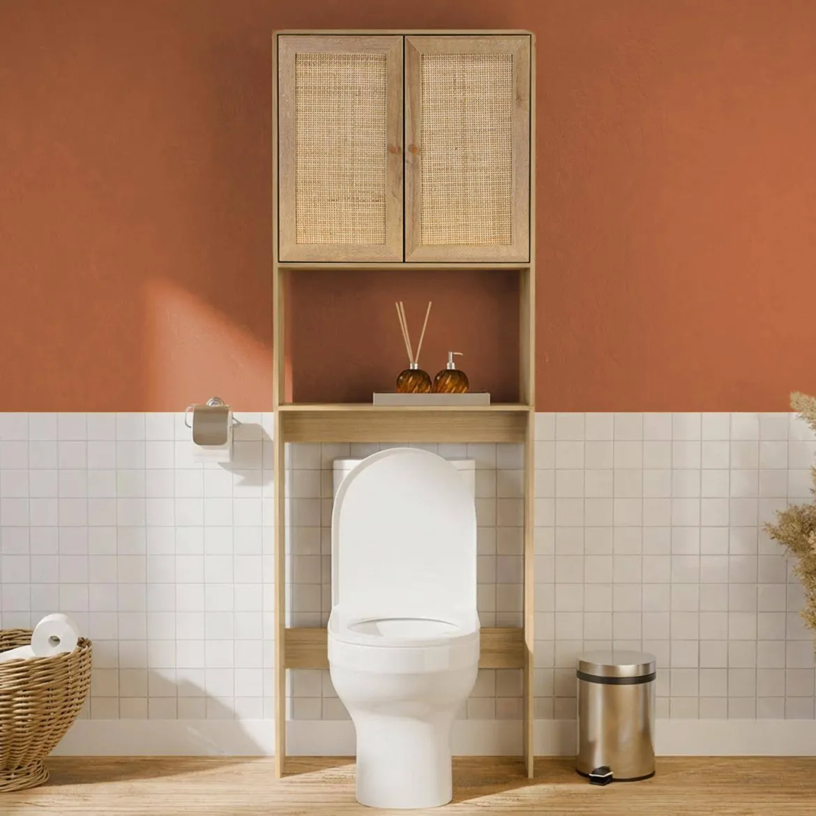 Mensola mobile WC decorato in legno e canna
