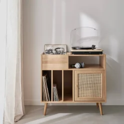 Mobile per vinili con decorazioni in canna e legno