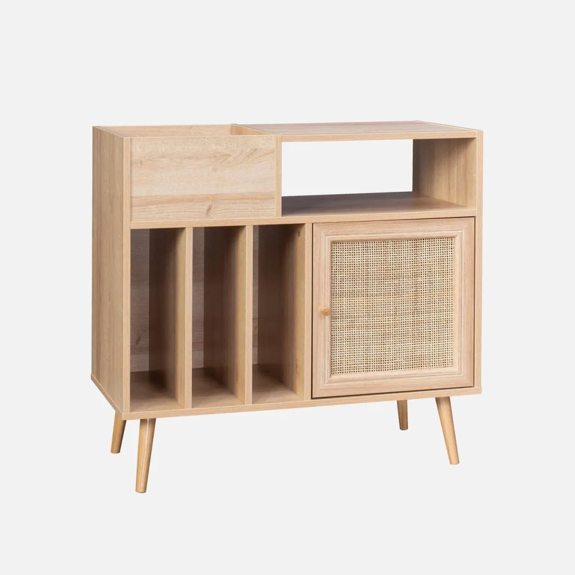 Mobile per vinili con decorazioni in canna e legno