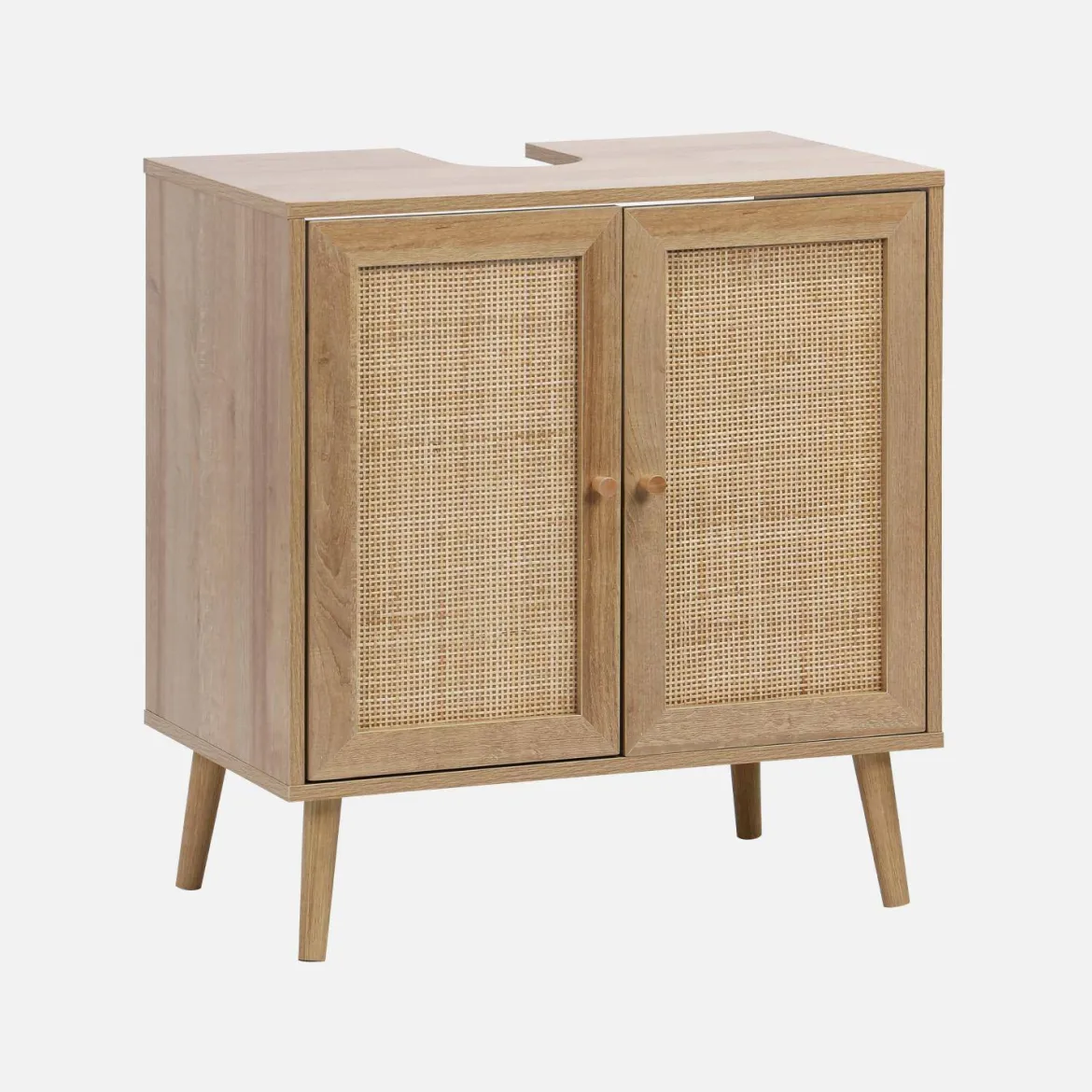 Mobile sotto lavabo decorato in legno e vimini