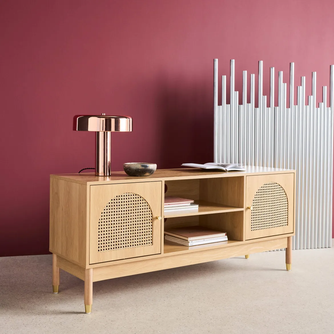 Mobile TV decorazione legno e canna 2 ante 140cm