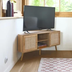 Mobile TV in legno e canna, 2 ante, 1 ripiano, 115cm