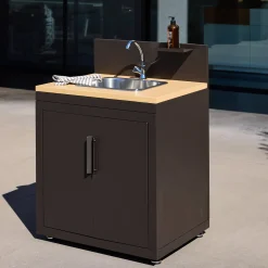 Modulo cucina da esterno in acciaio e decorazione in legno 1 lavello 2 ante 1 gancio, 80cm
