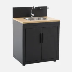 Modulo cucina da esterno in acciaio e decorazione in legno 1 lavello 2 ante 1 gancio, 80cm