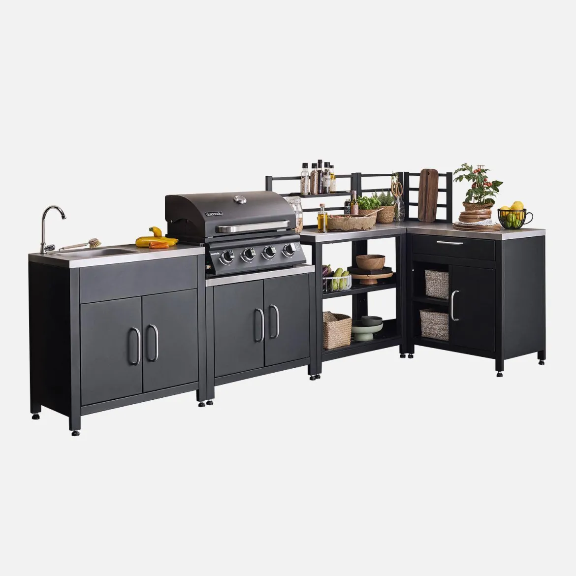 Modulo cucina da esterno con barbecue a gas 4 bruciatori, 5 moduli