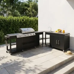 Modulo cucina da esterno con barbecue a 4 bruciatori, fuoco laterale, lavello e porta utensili
