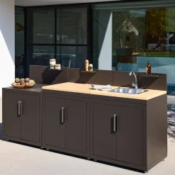 Modulo cucina da esterno acciaio e decorazione in legno, 3 moduli