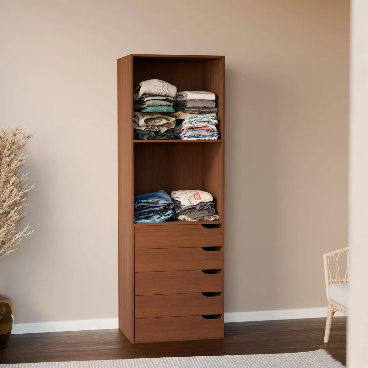 Modulo guardaroba decorazione legno 5 cassetti 2 ripiani