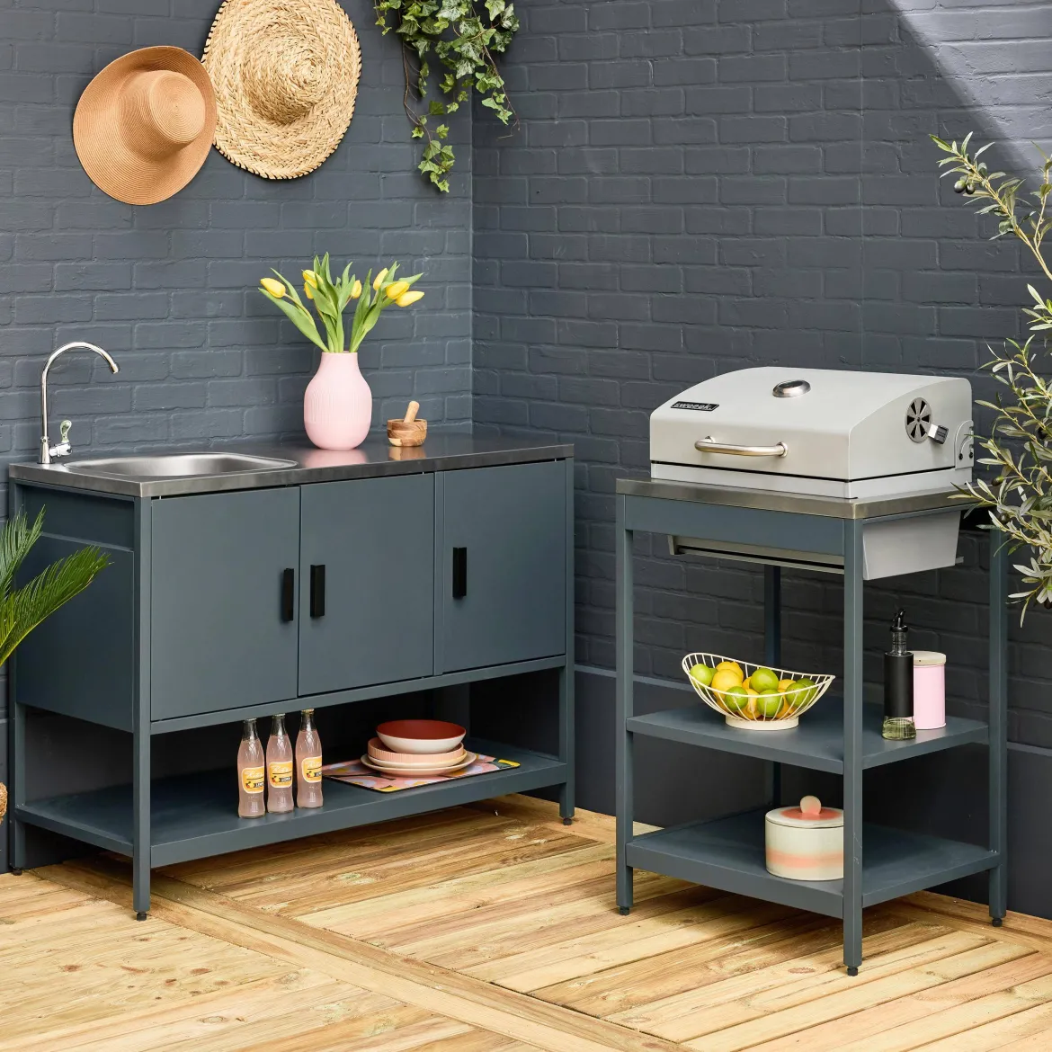 Modulo cucina da esterno con barbecue a carbonella e lavandino, 2 moduli
