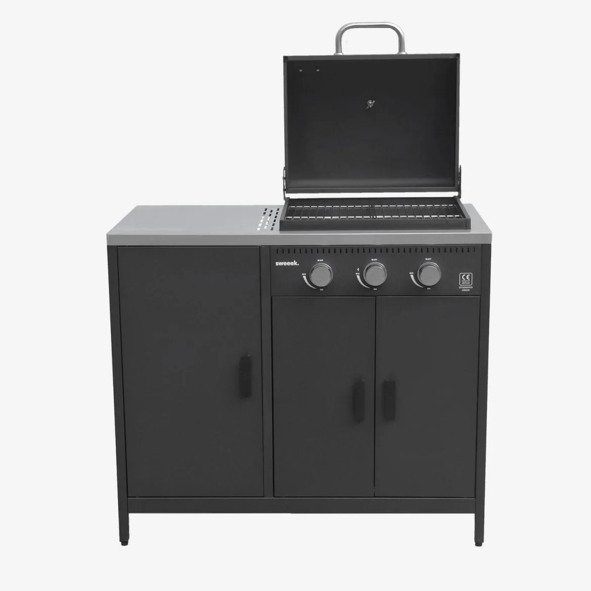 Modulo cucina da esterno in metallo con barbecue a gas a 3 bruciatori
