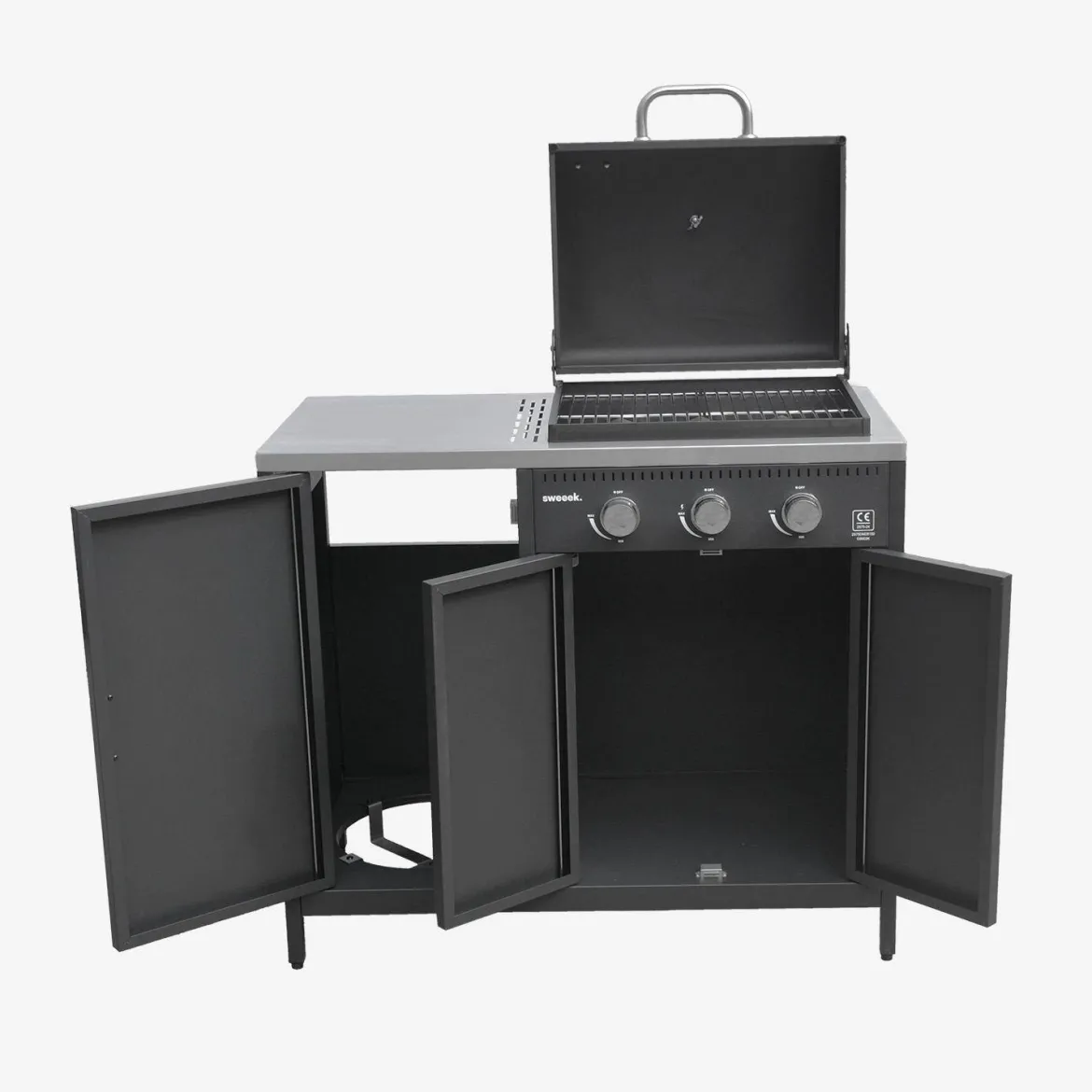 Modulo cucina da esterno in metallo con barbecue a gas a 3 bruciatori