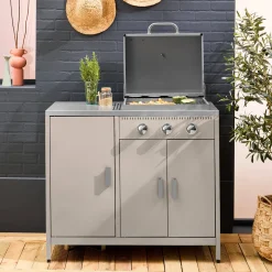 Modulo cucina da esterno in metallo con barbecue a gas a 3 bruciatori