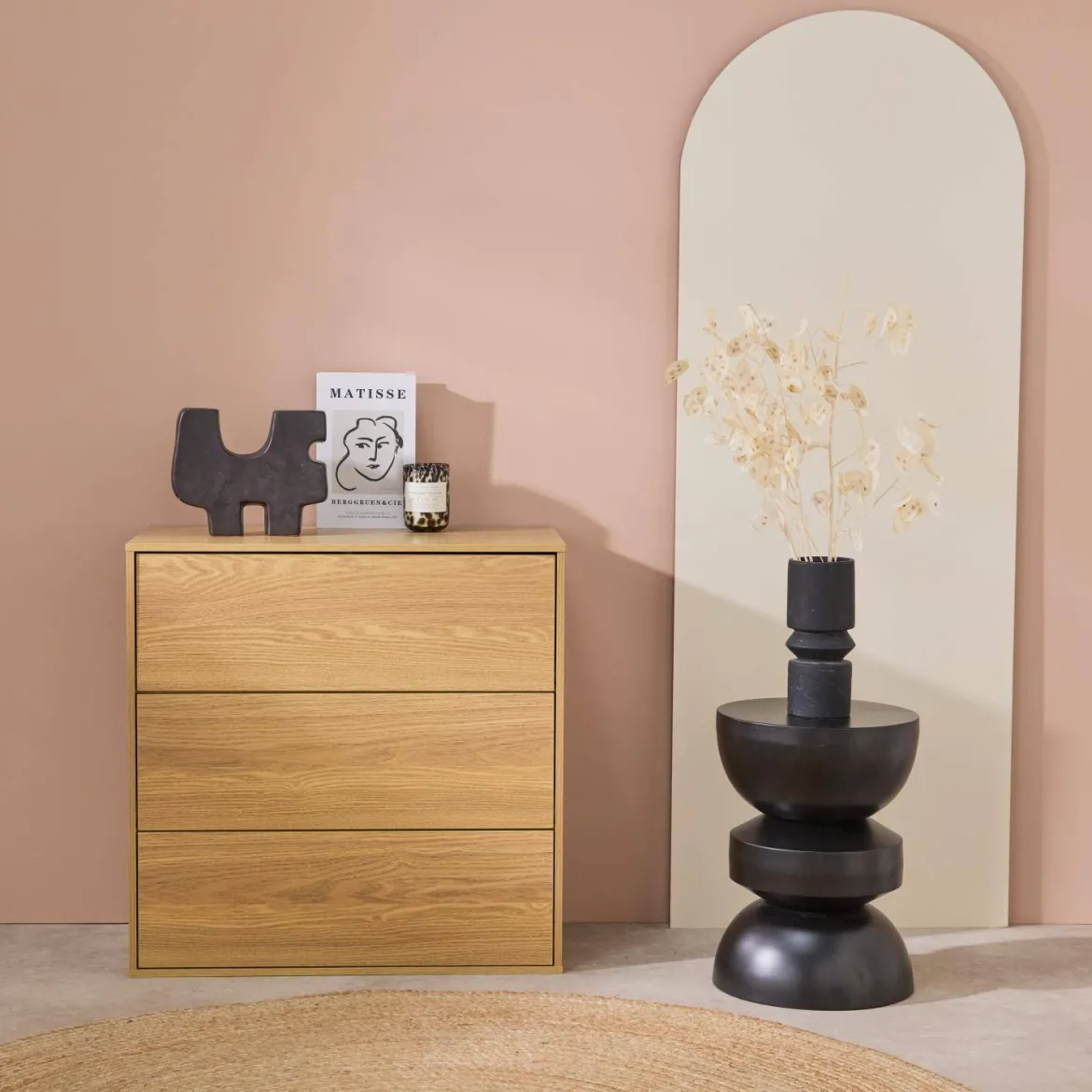 Modulo di stoccaggio decorativo in legno 3 cassetti