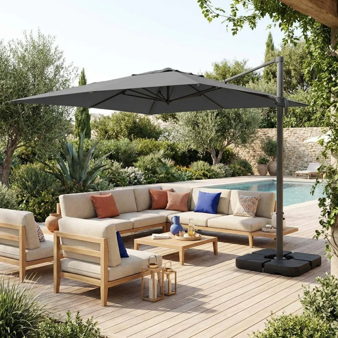 Ombrellone rettangolare eccentrico, 3x4m + base 50x50cm