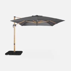 Ombrellone rettangolare eccentrico asta effetto legno, 3x4m + base 50x50cm
