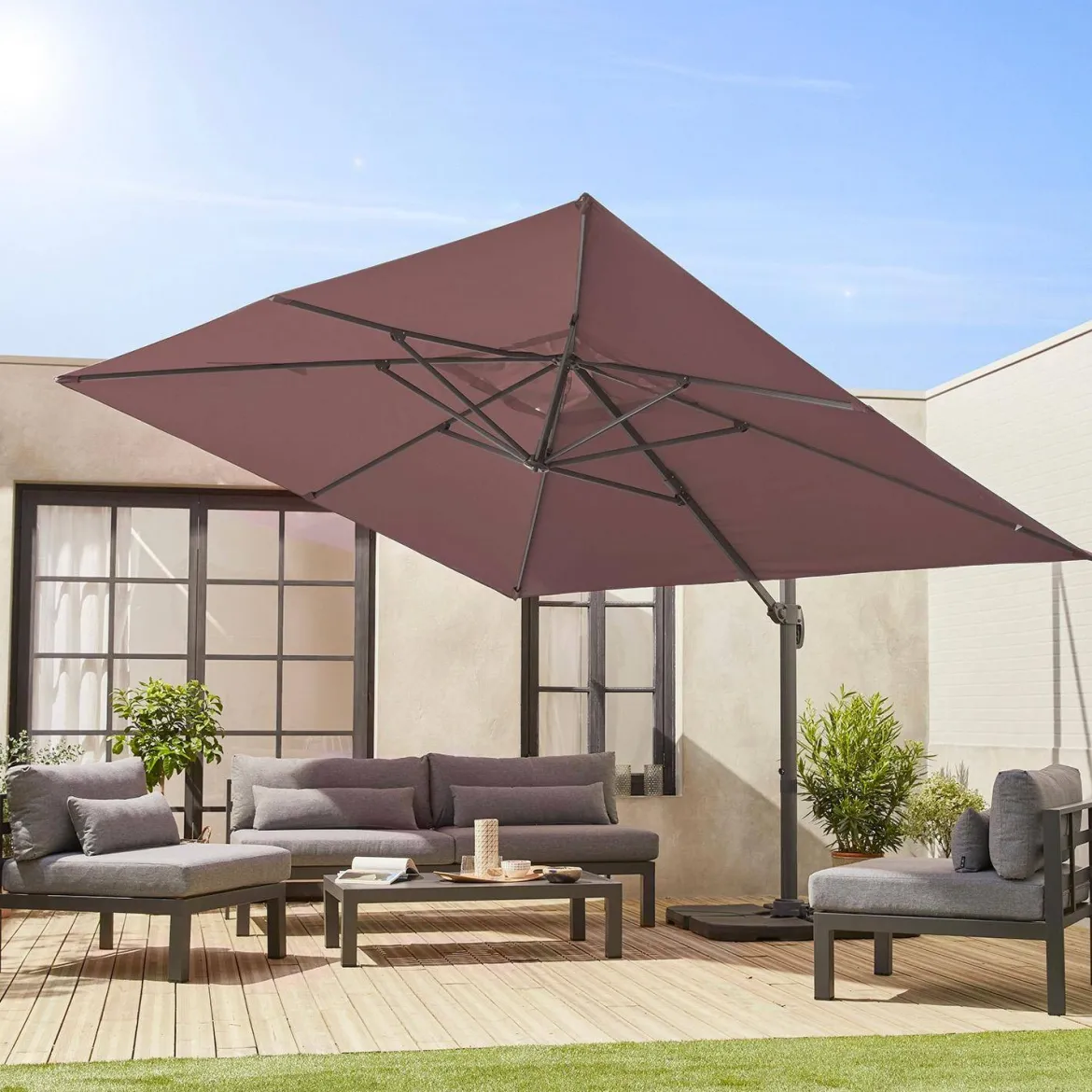 Ombrellone rettangolare eccentrico, 3x4m + base 50x50cm